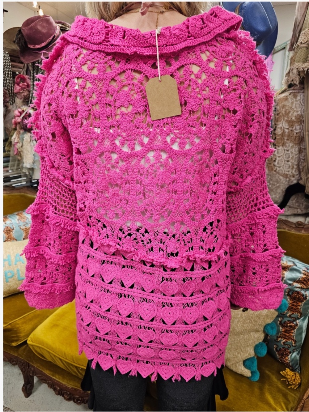 🎉 A RARE BIRD “ QUINCY “ A RARE BIRD HAND MADE CROCHET HEART SWEATER 54 - Picture 4 of 7